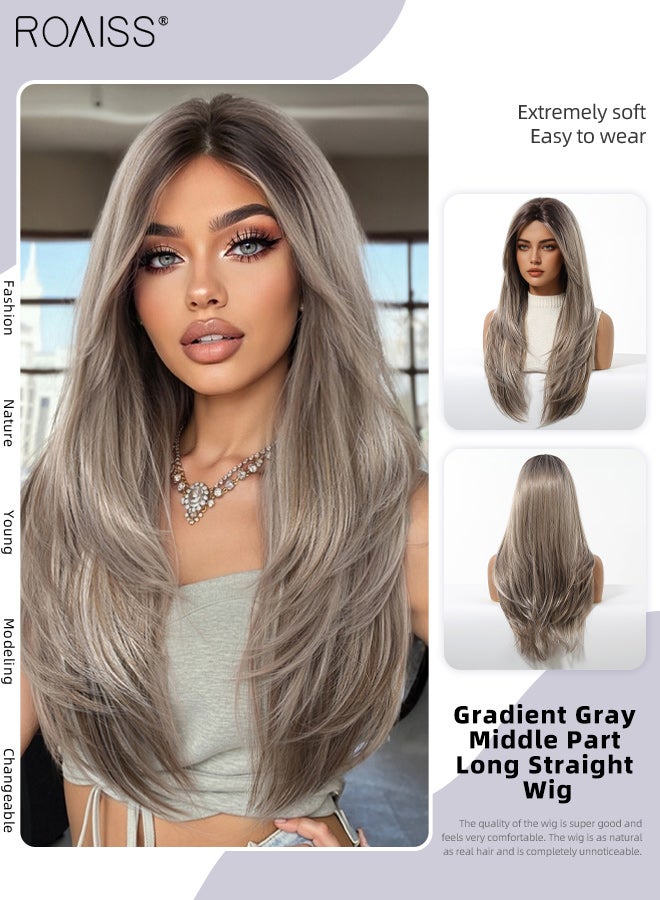 roaiss Gradient Grey Long Straight Wig, Women's Middle Parted Soft Synthetic Heat Resistant Layered Wig, Natural Looking Suitable for Wedding, Cosplay Party Daily Wear, 65cm (26 Inches) - Image 1